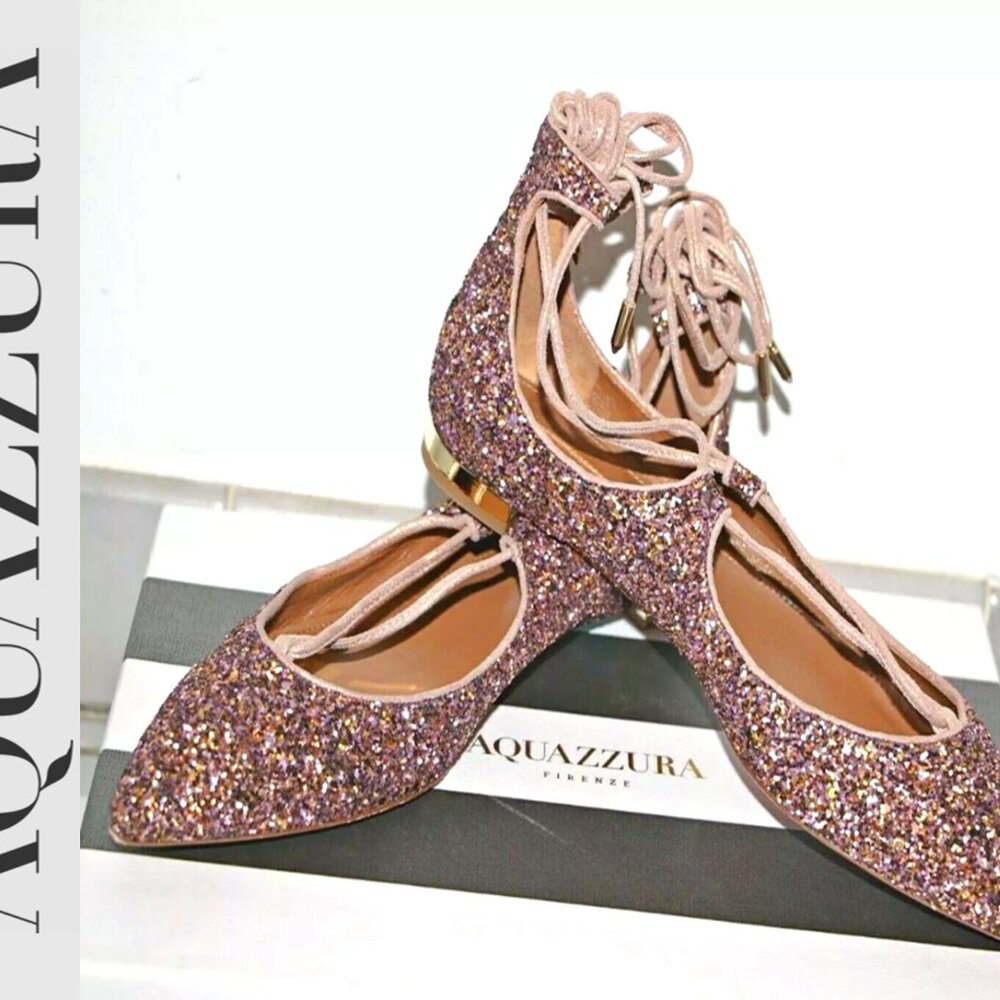 Aquazzura Authentic Christy Glitter Lace-Up Ballerinas Flats US 6.5/36 1/2  $675